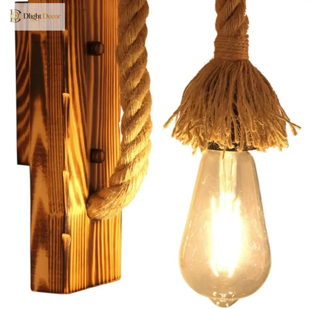 Retro Vintage Hemp Rope Wall Light - Wooden Lamp Ideal For Restaurants Kitchens Coffee Shops And