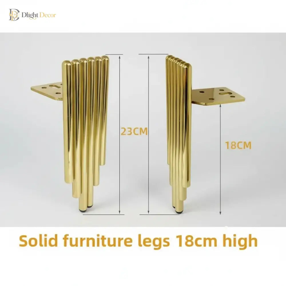 Gold metal furniture support leg set, ribbed cylinders with square mounting plates