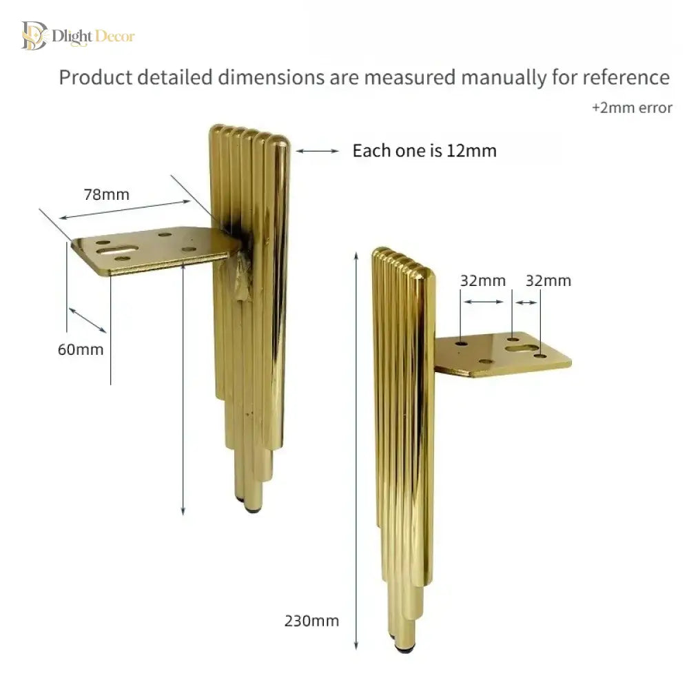 Gold metal furniture support leg, ribbed cylinders and square base mounting plate