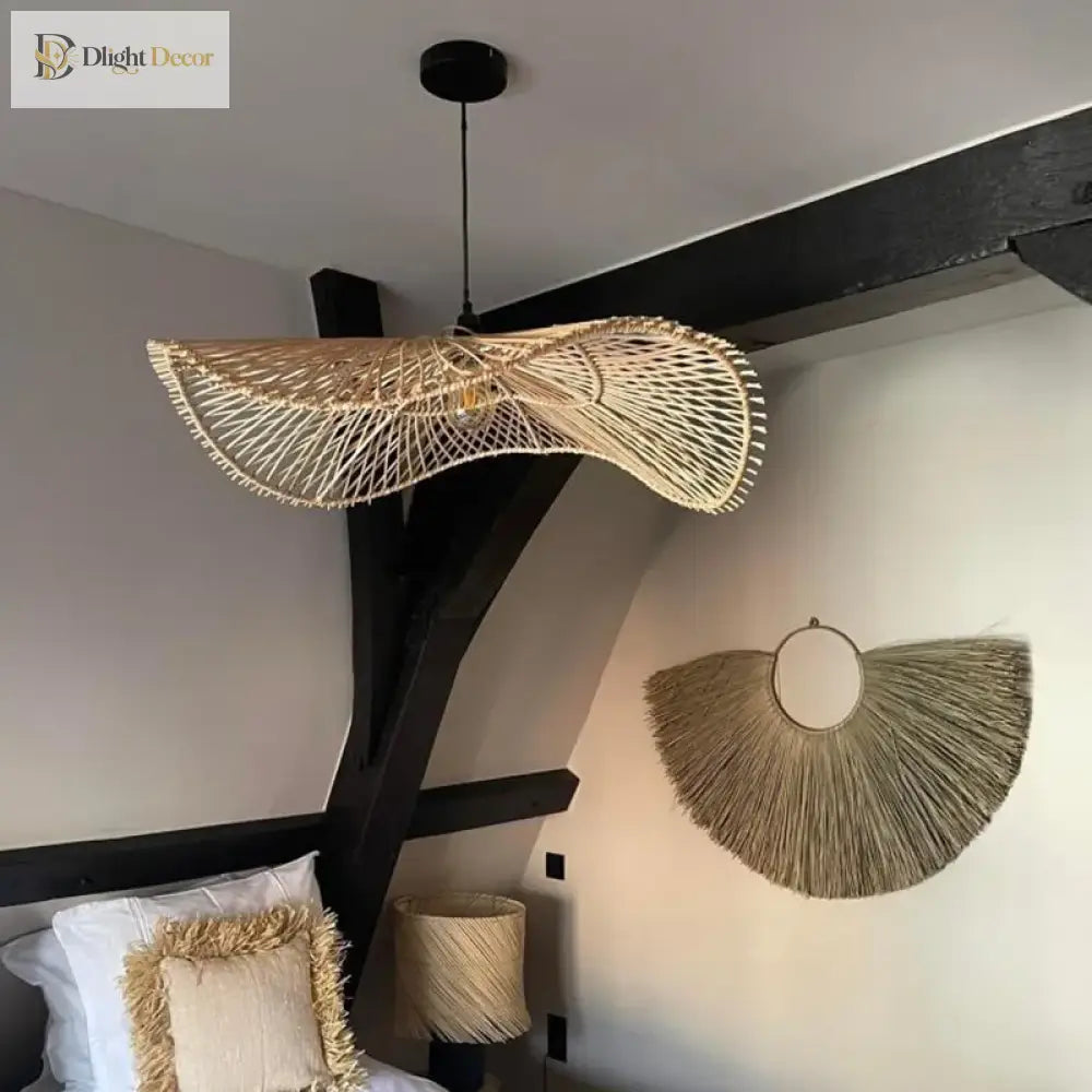Handmade Art Rattan Pendant Lamp - Oriental Water Pattern Luminaire For Elegant Living Room And