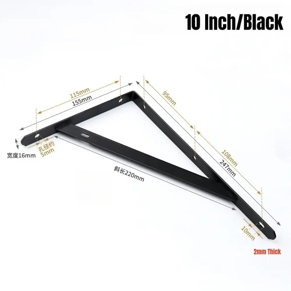 Black metal L-shaped wall shelf bracket, 10 inch size, dimension diagram view