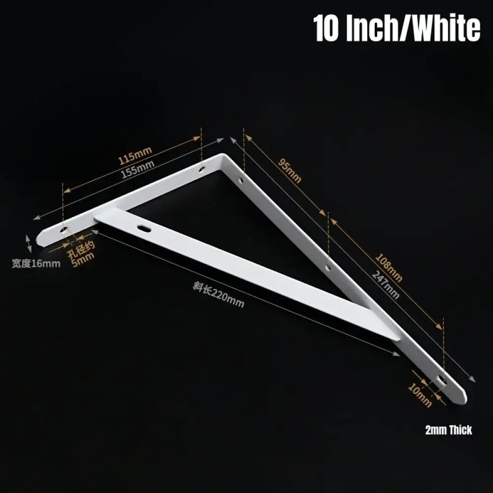 White metal L-shaped wall shelf bracket, 10 inch size, dimension diagram view