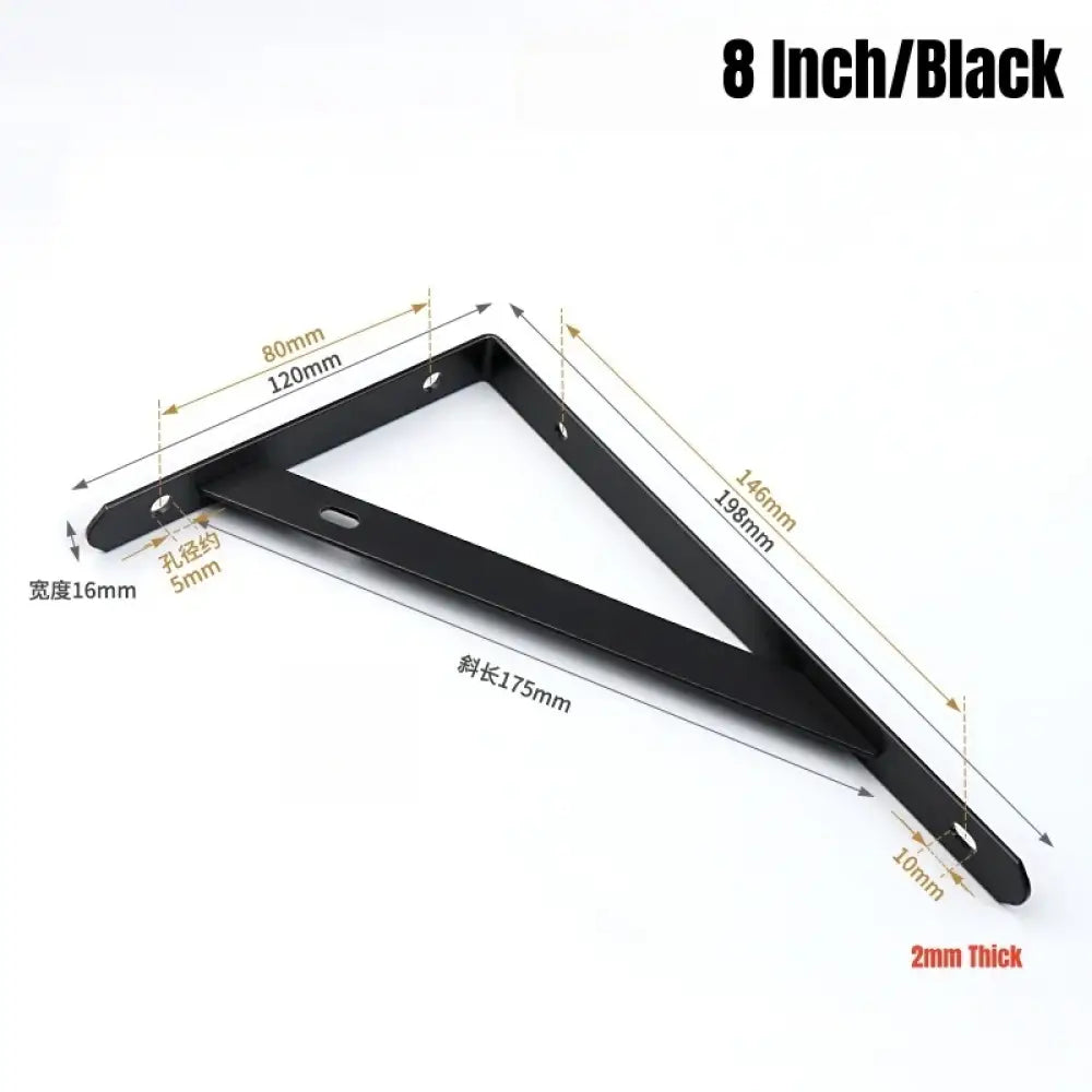 Black L-shaped metal shelf bracket, 8 in, wall-mount, 2mm thick with mounting holes