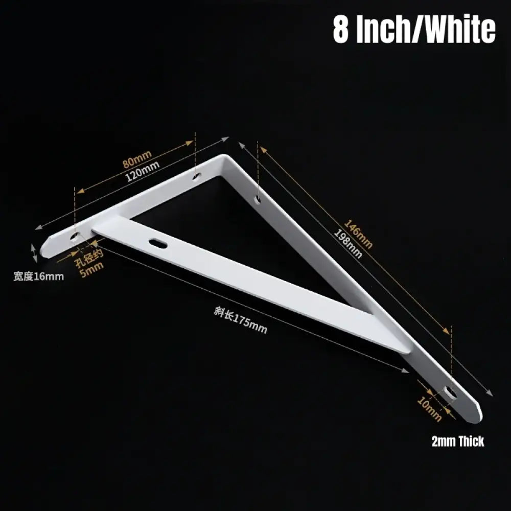 White L-shaped metal shelf bracket, 8 in, wall-mount, 2mm thick with mounting holes