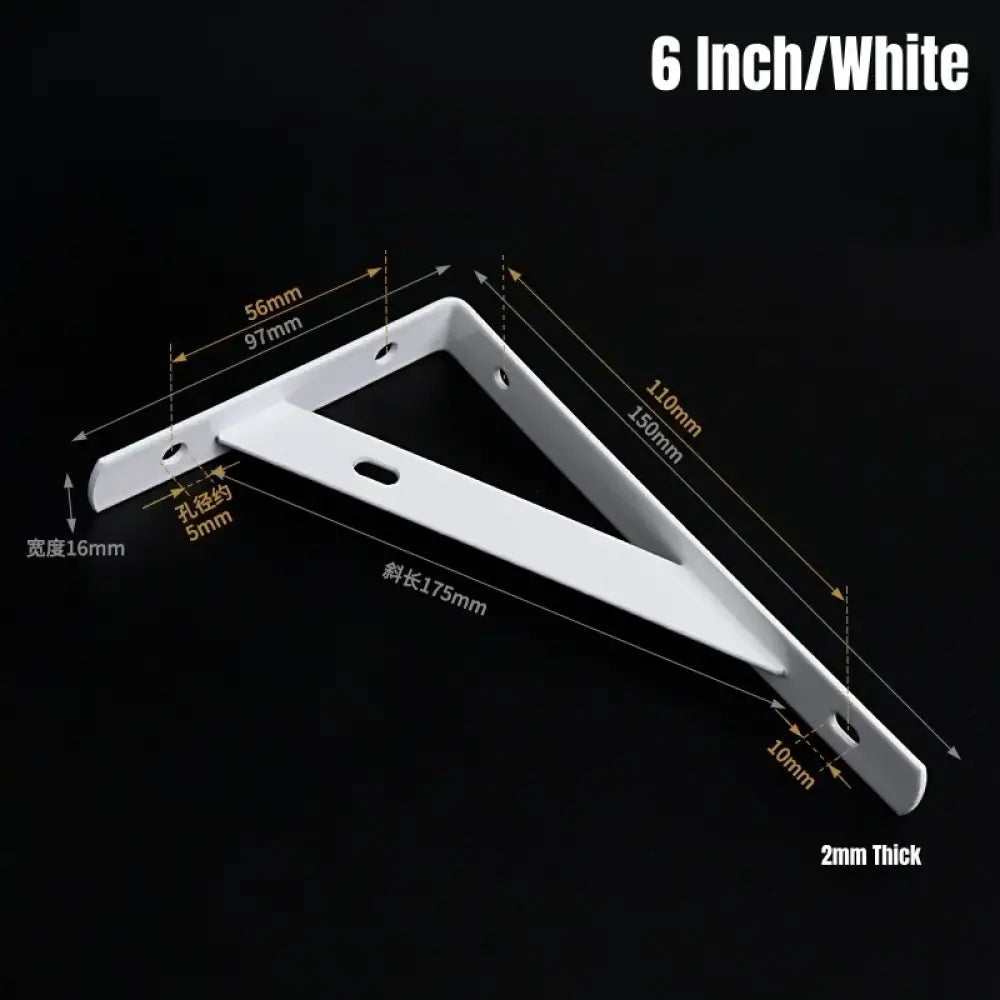 White metal L-shaped wall shelf bracket, 6 inch size, dimension diagram view