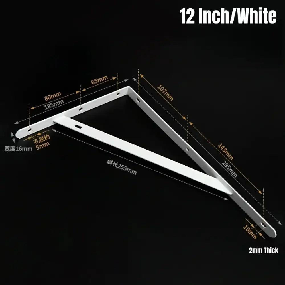 White metal L-shaped wall shelf bracket, 12 inch size, dimension diagram view