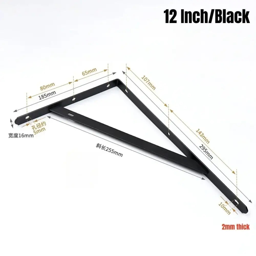 Black L-shaped metal shelf bracket, 12 in, wall-mount, 2mm thick with mounting holes