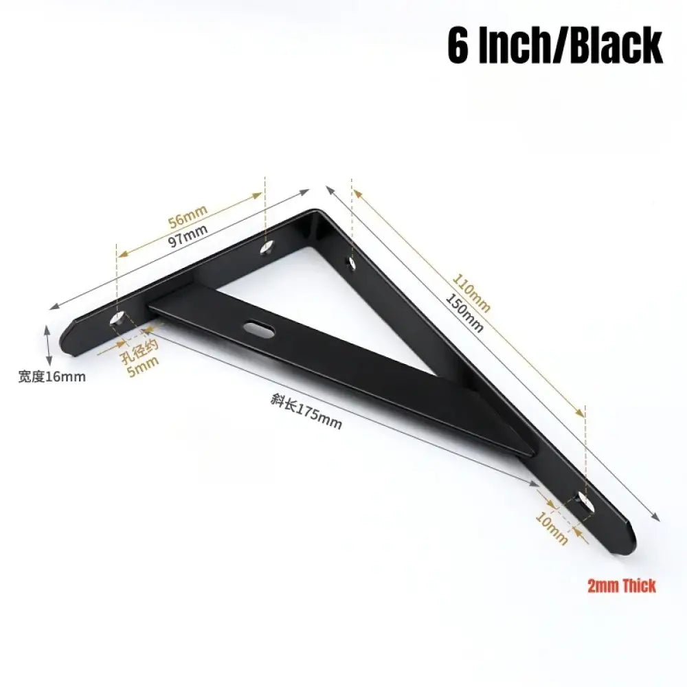 Black L-shaped metal shelf bracket, 6 in, wall-mount, 2mm thick with mounting holes