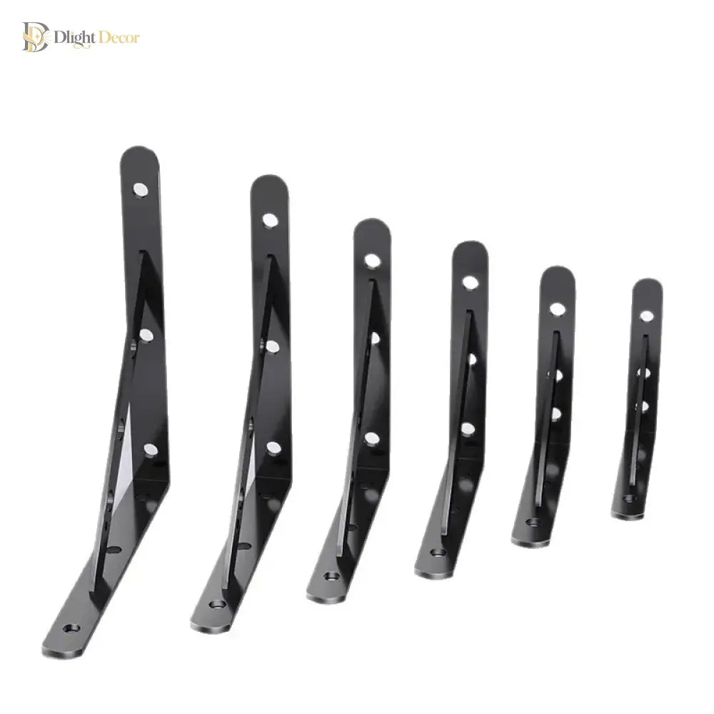 Set of black metal L-shaped wall shelf brackets with oval mounting holes, multiple sizes