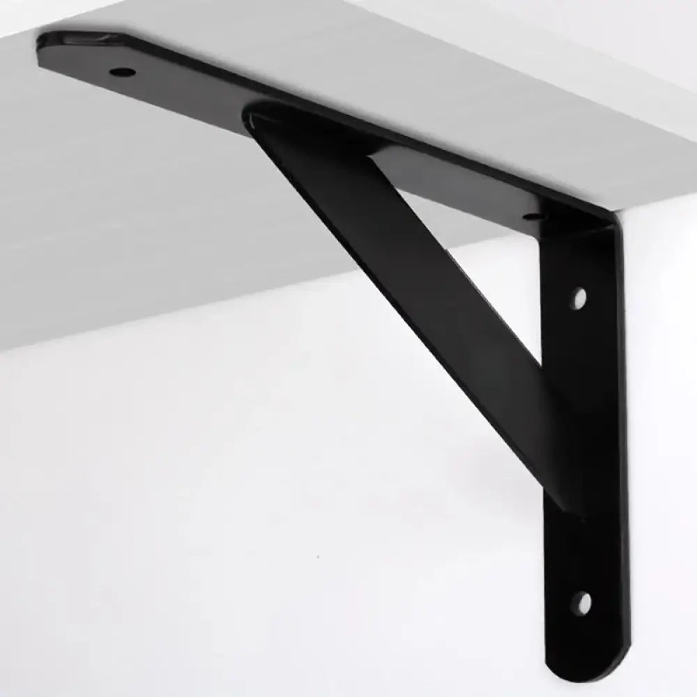 Black metal L-shaped wall shelf bracket with mounting holes, angled support arm