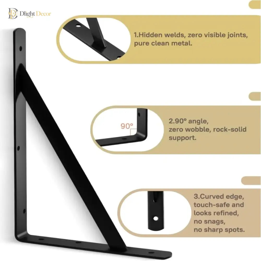 Black metal L-shaped wall shelf bracket with curved edge and oval mounting holes