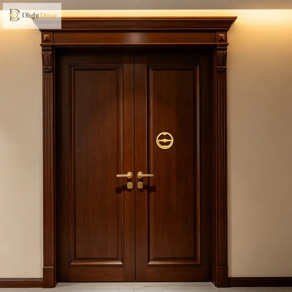 Gold ring door knocker on dark wooden front door