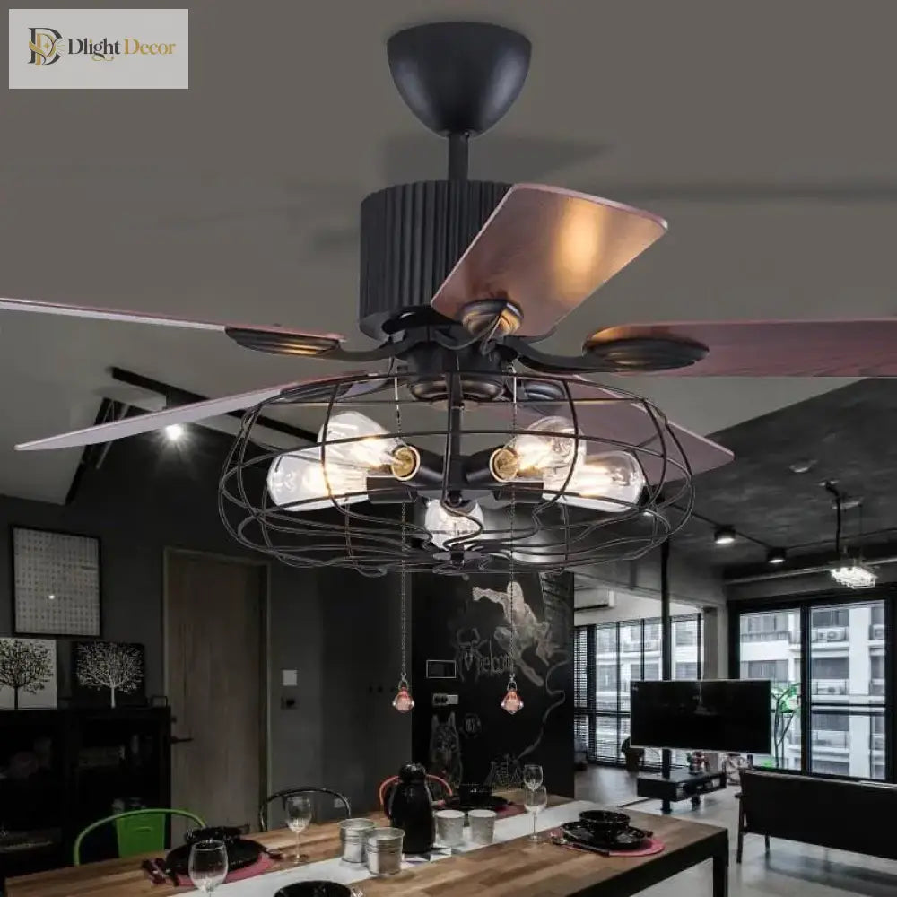 High Quality Loft Fan Chandelier Retro Dining Room Household Electric Mute Led Remote Leaf Lamp