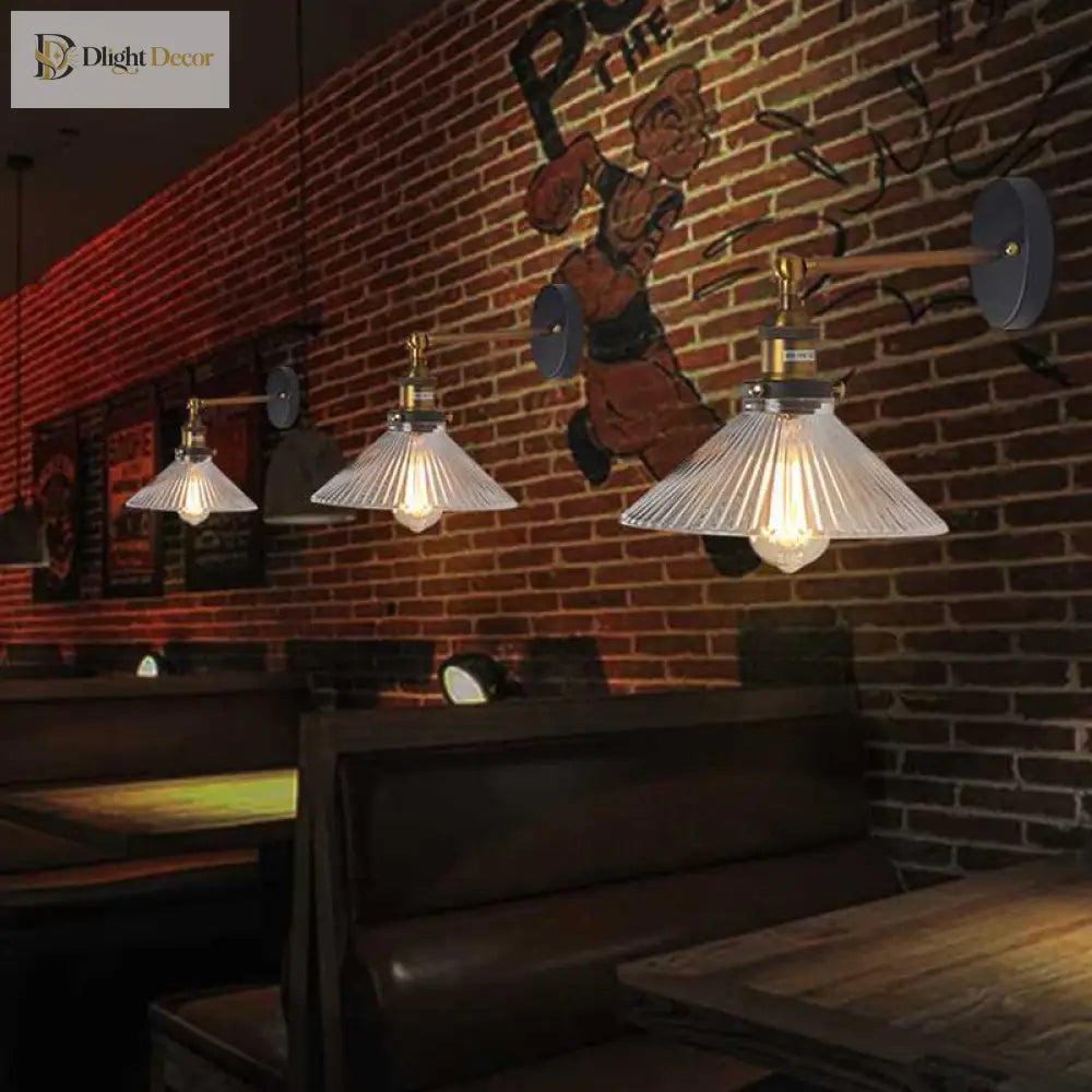 Industrial Elegance: Brass Cone Wall Sconce With Clear Ribbed Glass