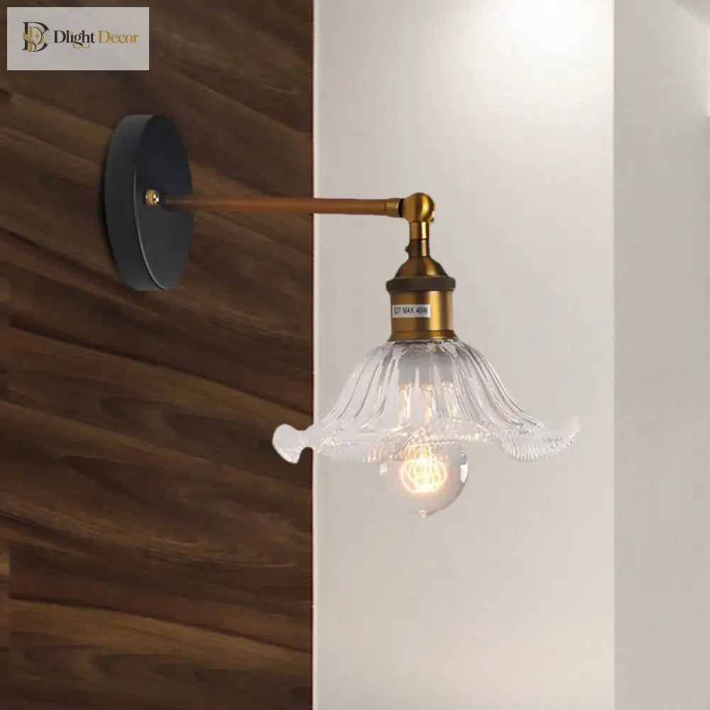 Industrial Elegance: Brass Cone Wall Sconce With Clear Ribbed Glass