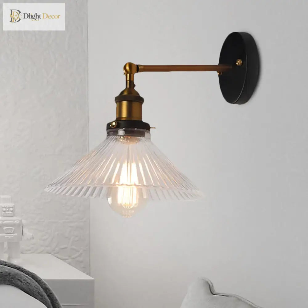 Industrial Elegance: Brass Cone Wall Sconce With Clear Ribbed Glass