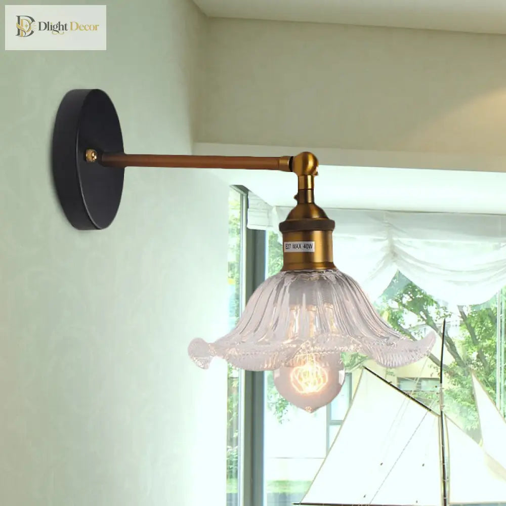 Industrial Elegance: Brass Cone Wall Sconce With Clear Ribbed Glass