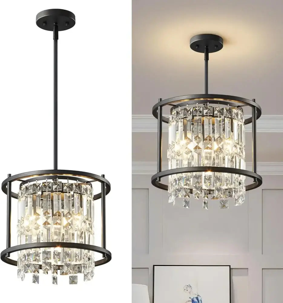 Industrial Farmhouse Crystal Chandelier with black metal frame