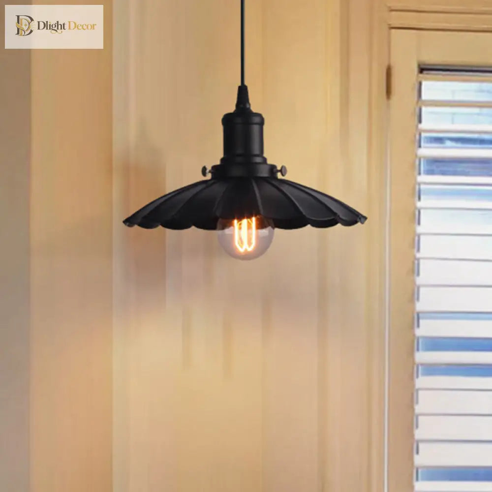 Vintage Industrial Hanging Lamp Black Scalloped Metal Indoor Ceiling Light Fixture 1 - Bulb
