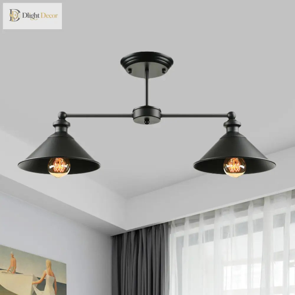 Jackson - Industrial Double Conic Semi - Flush Mount Ceiling Light (2 - Light Black)