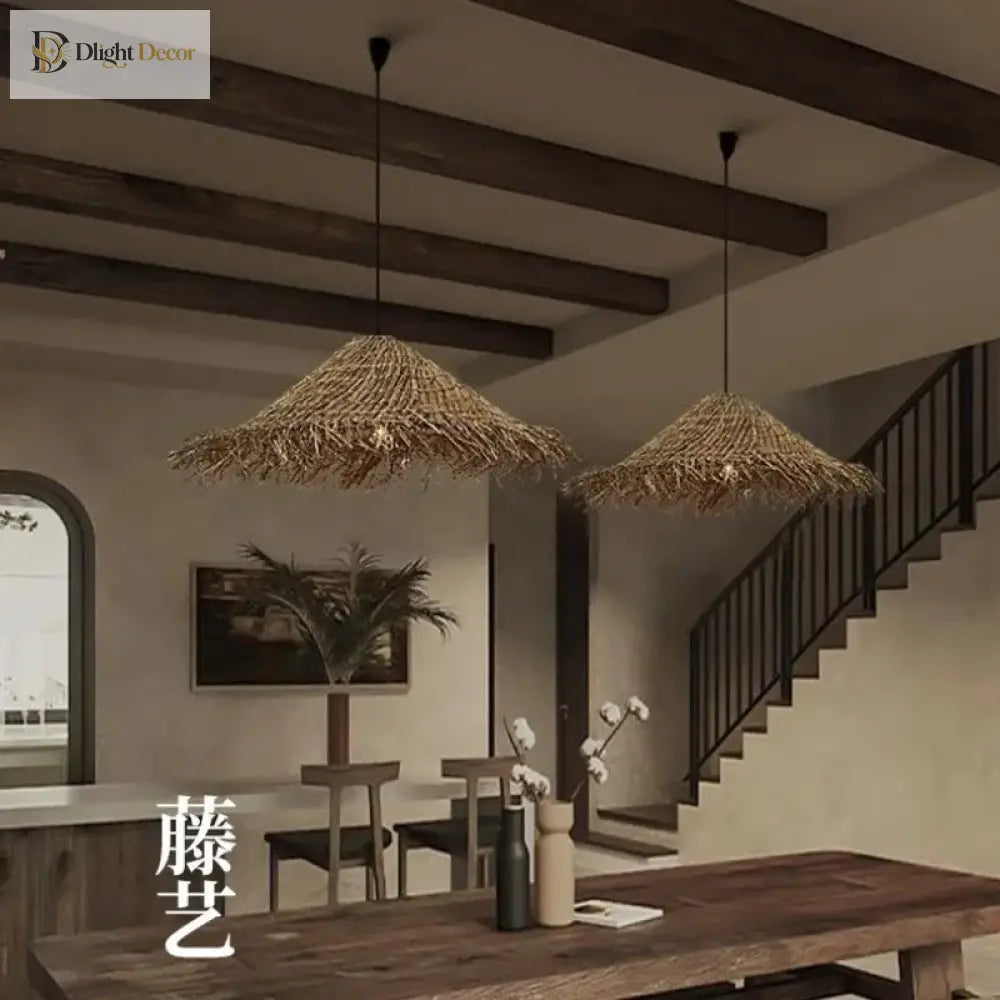 Wabi Sabi E27 Led Pendant Lights - Rattan Hanging Lamp For Dining Room Elegance