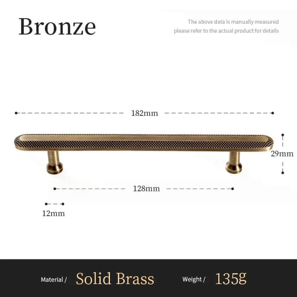 Bronze cabinet pull dimensions: 182mm length, 29mm height; solid brass 135g.