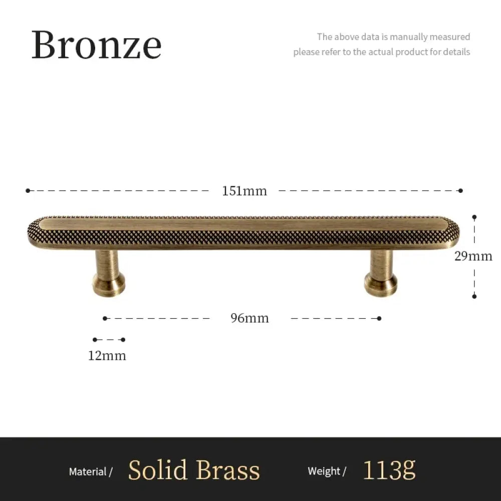 Bronze cabinet pull dimensions: 151mm length, 96mm pitch; solid brass 113g.