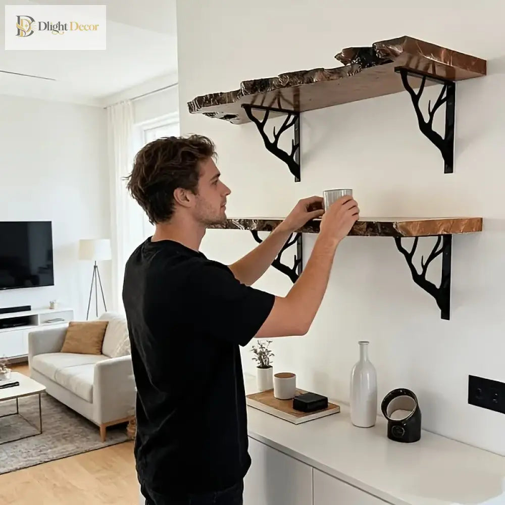 Black metal wall bracket with tree-branch design holding a wooden shelf; L-shaped arms