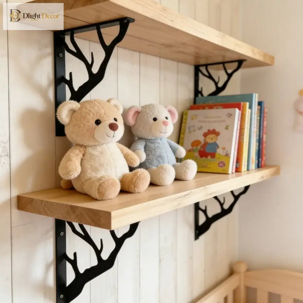 Black metal tree-branch wall brackets supporting two light wood floating shelves
