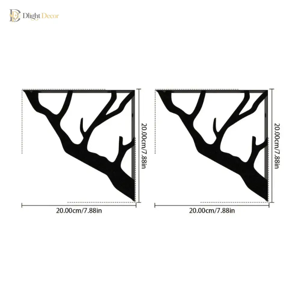Black metal tree-branch brackets; 20cm x 20cm dimensions shown on diagram
