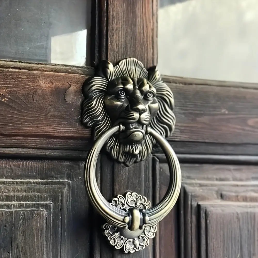 Antique lion head door knocker with curved ring, gold-tone finish for front door