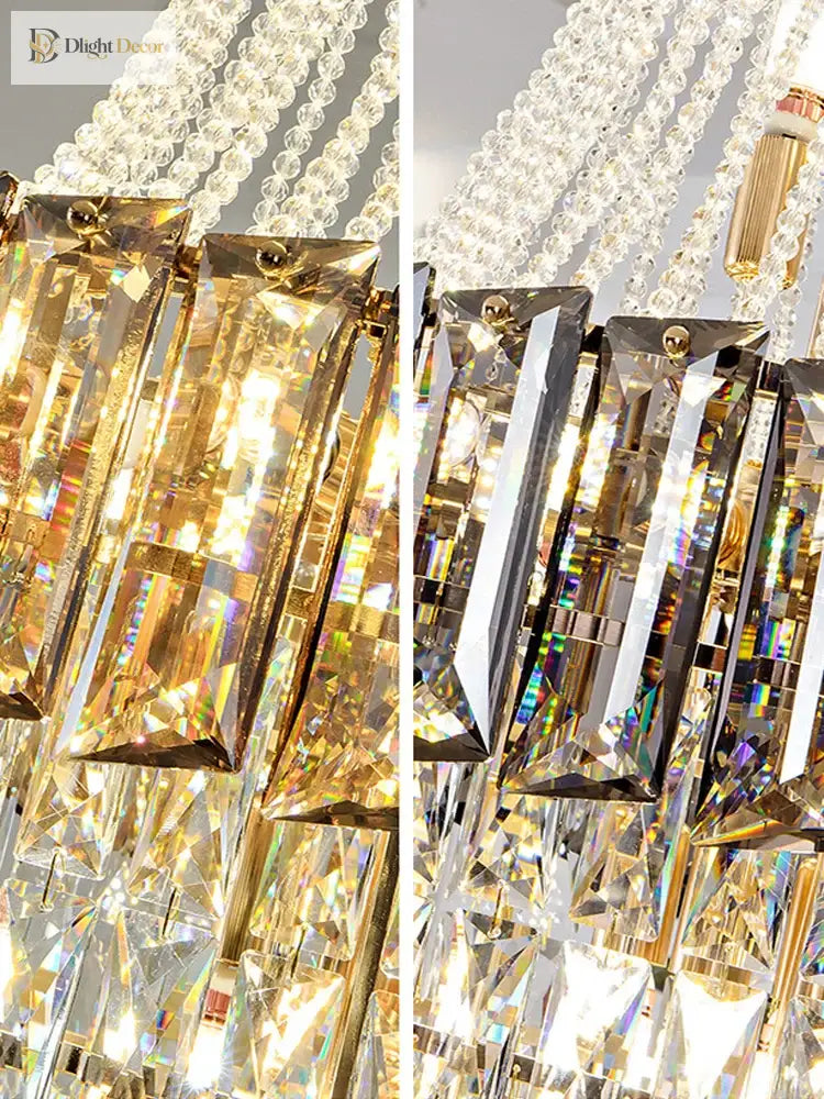 Large Modern Crystal Chandelier For Staircase Luxury Amber Smoky Gray Home Decor Hanging Light
