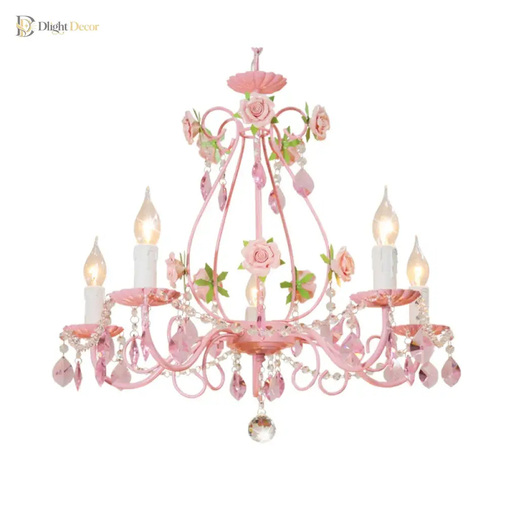 Contemporary Pink Ceiling Chandelier - E14 Led Lighting With Crystal Iron And Ceramic Accents