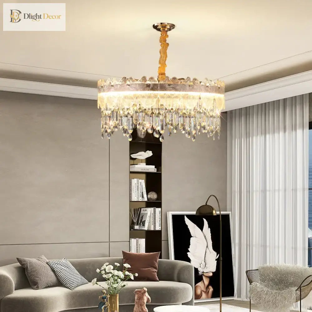 New Modern Led Pendant Lamp - Gold Luxury Round Crystal Ceiling Chandelier For Living Rooms