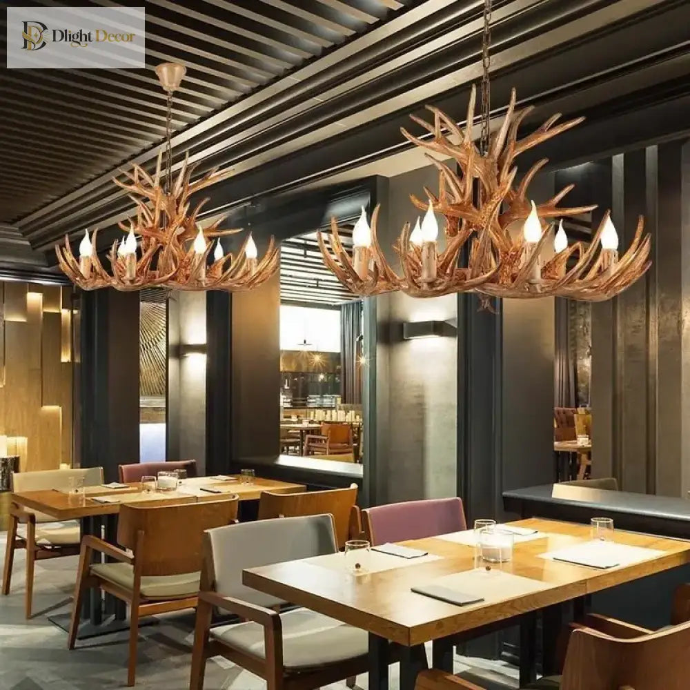European Country Led Antler Chandelier - Retro Resin Deer Horn Ceiling Lamp For Home Kitchen Decor