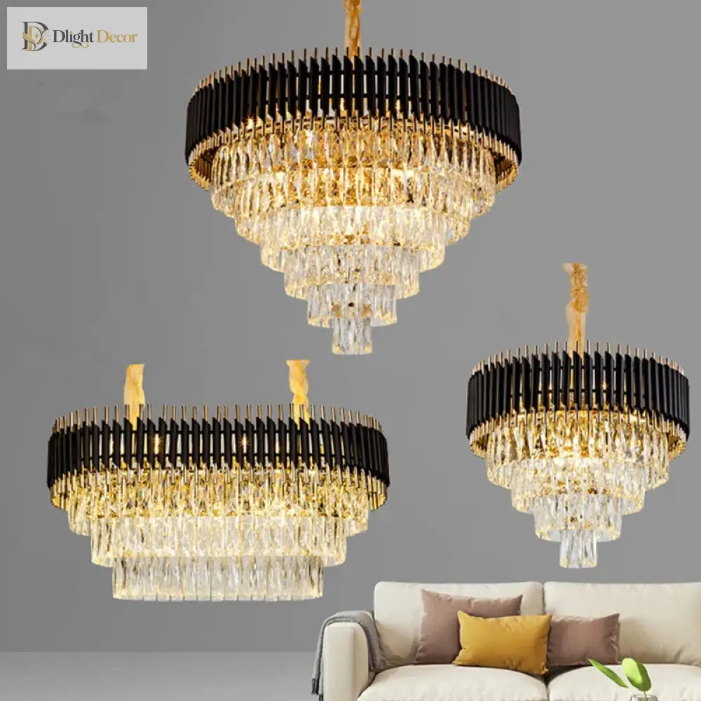 Modern Led Luxury Black Gold Crystal Chandeliers - Elegant Indoor Lighting Fixture For Living And