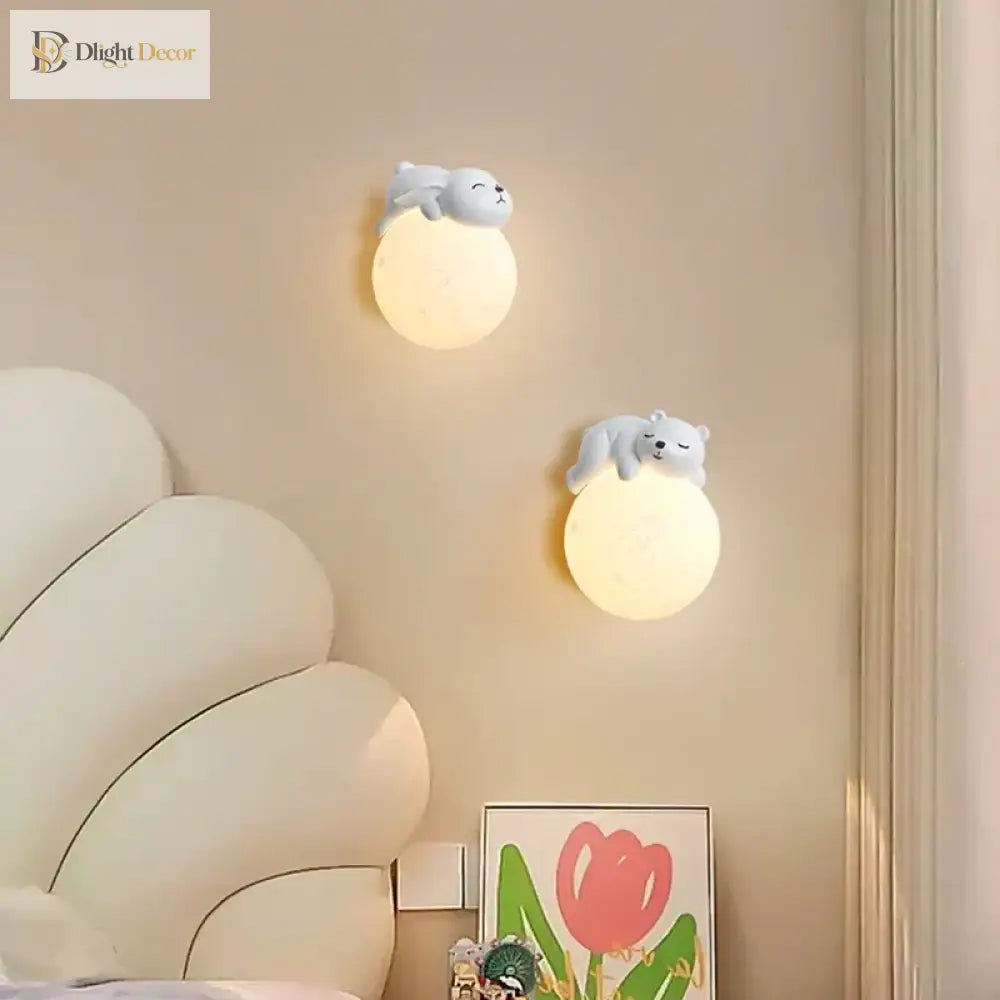 Lumibubs Sleeping Bear Moon Wall Lamp, Premium Resin & Wood Kids Bedroom Sconce - wall Lamp