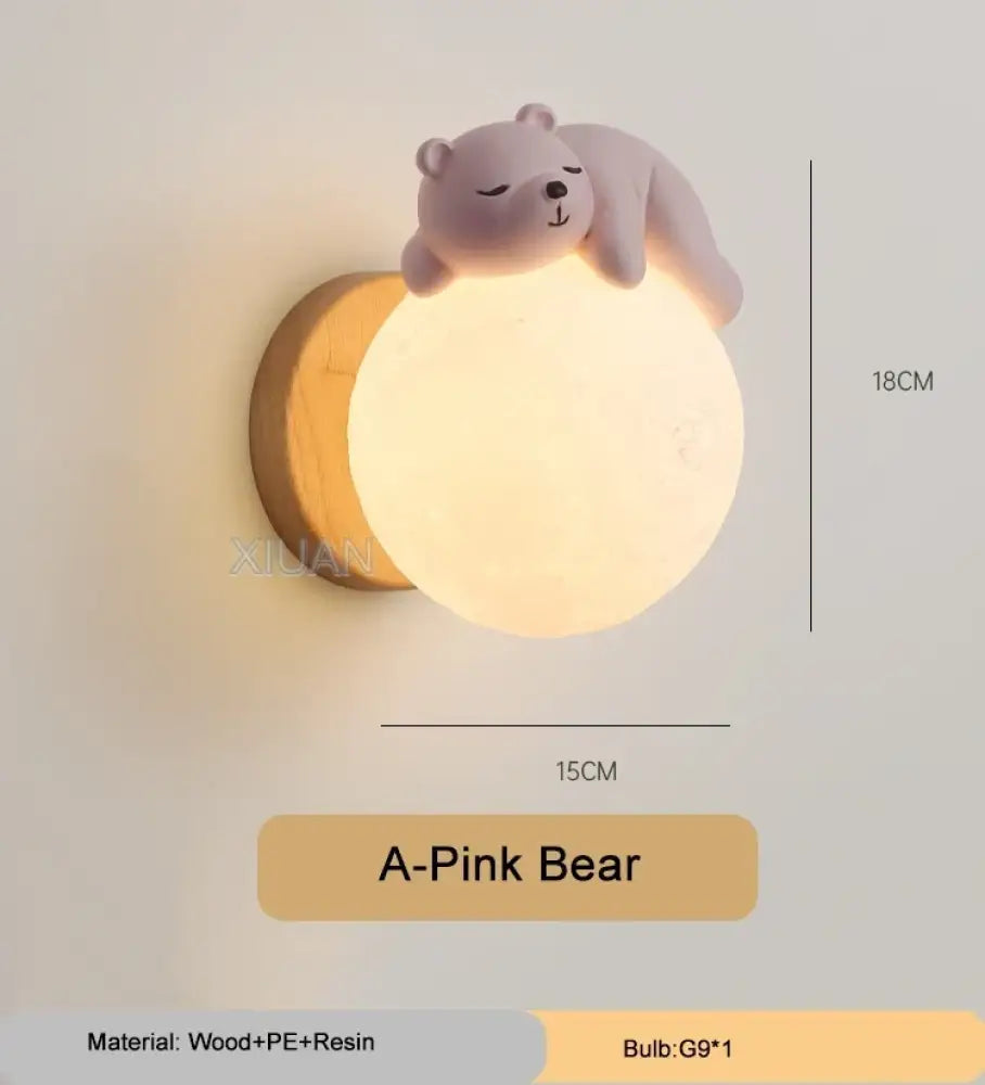 Lumibubs Sleeping Bear Moon Wall Lamp, Premium Resin & Wood Kids Bedroom Sconce - Pink Bear / 3 Color Temperature