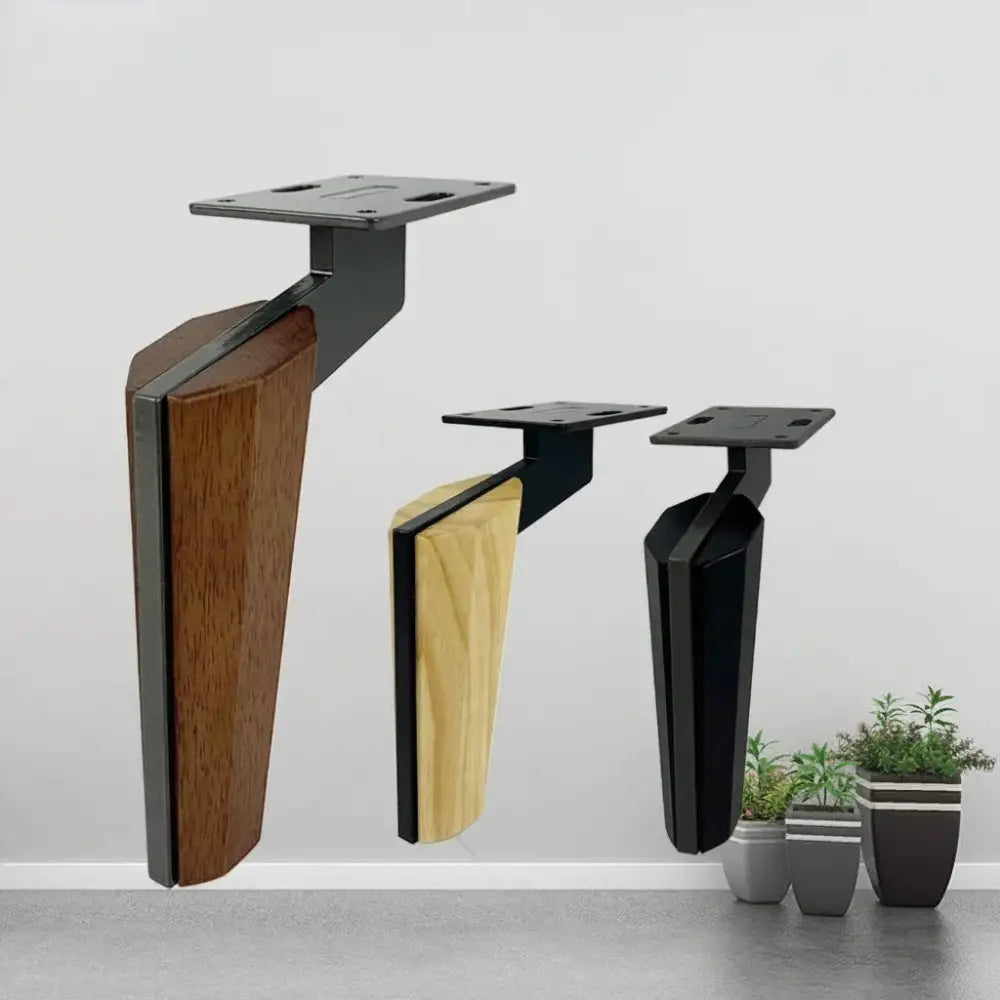 Furniture leg set with walnut wood sides and black square metal mounting plates