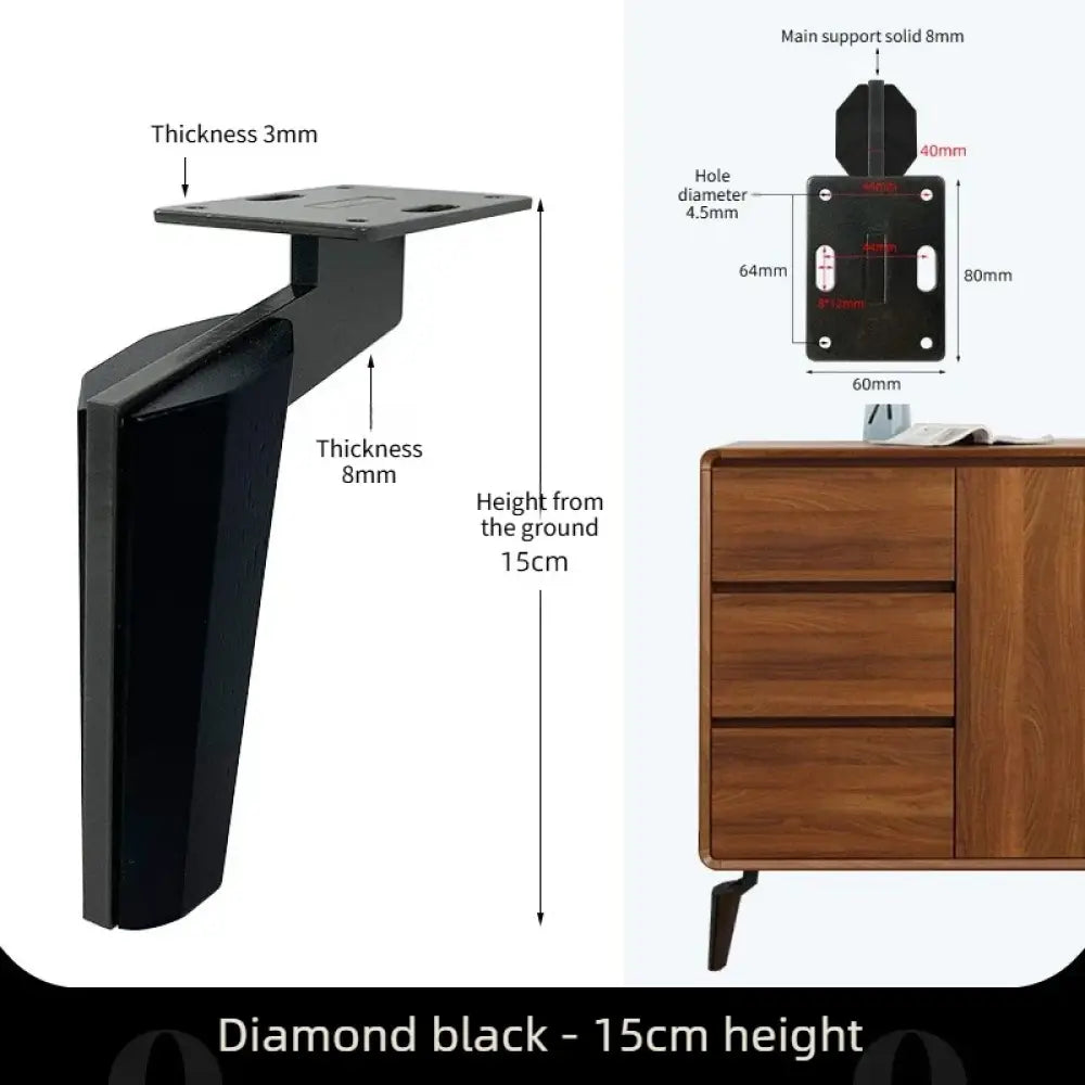 Black furniture leg with square metal mounting plate and curved iron side support