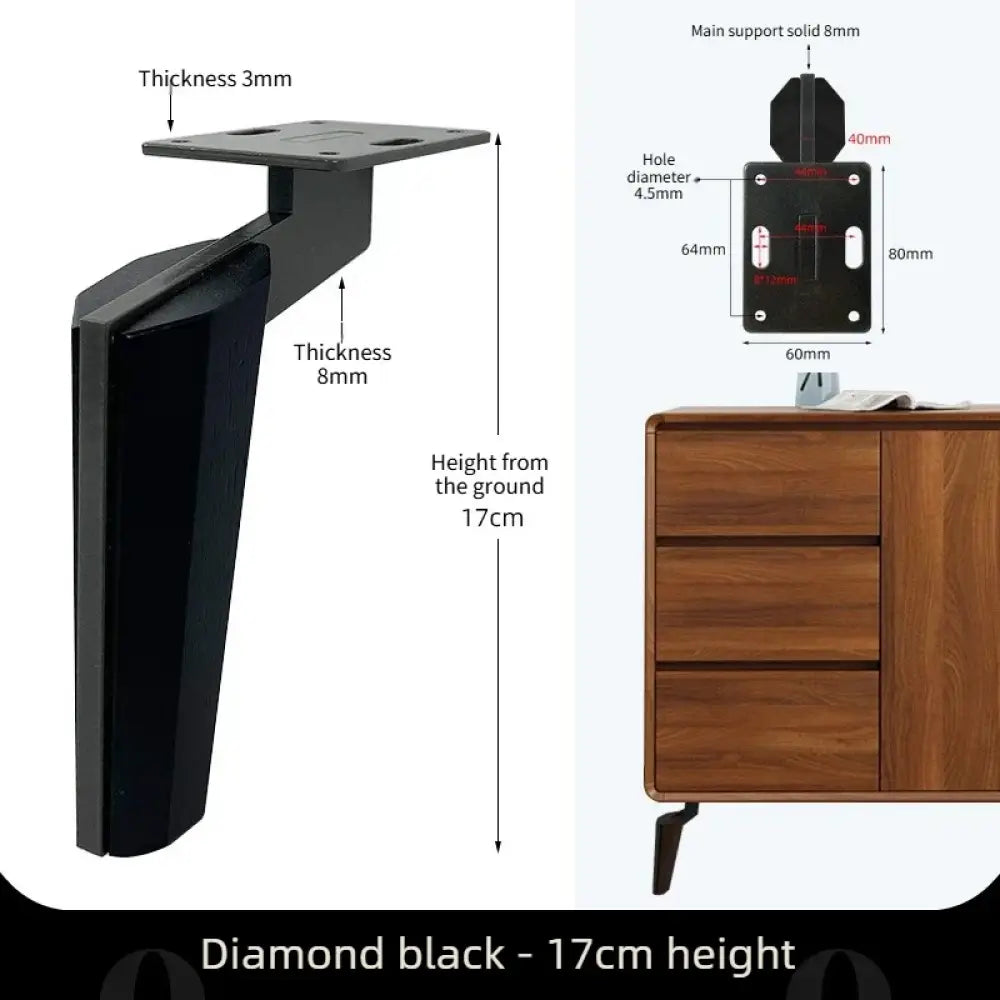 Black furniture leg with square metal mounting plate and thick curved iron support