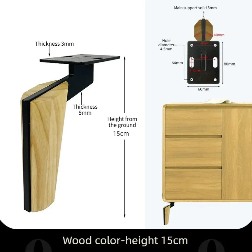 Light wood furniture leg with square metal mounting plate and curved black iron bracket