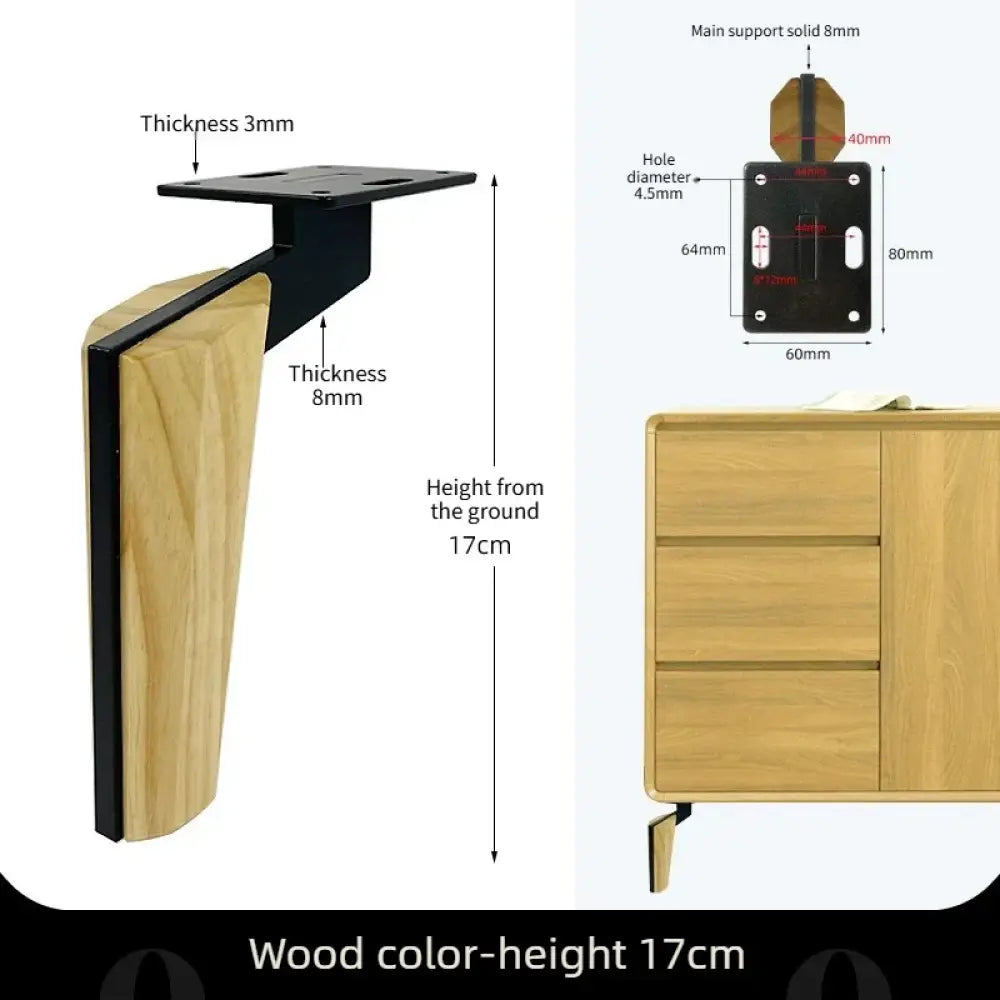 Light wood and black furniture leg with square metal mounting plate and side bracket