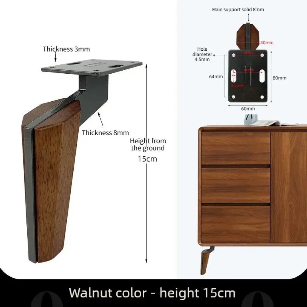 Walnut brown and black furniture leg with square metal mounting plate and side bracket