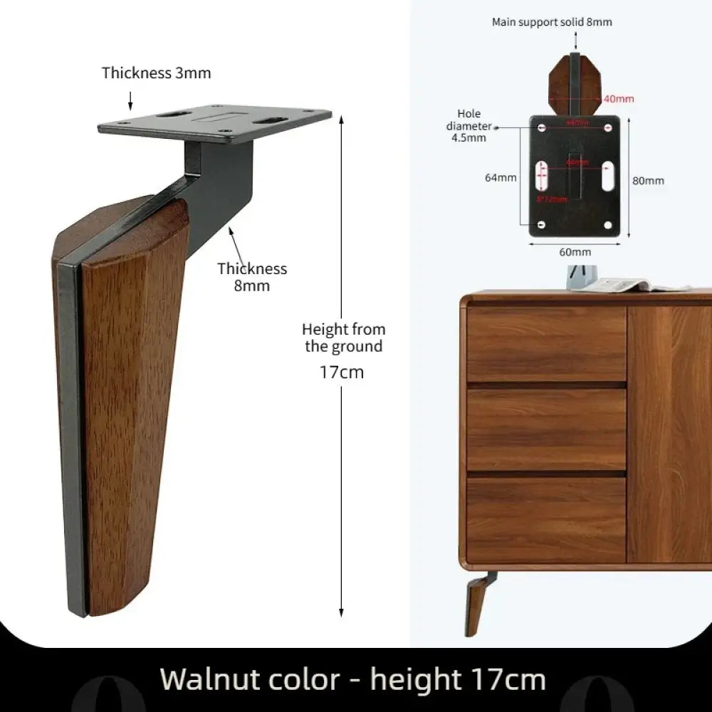 Wrought iron and wood sofa legs, walnut tone, 17cm height, 8mm thick support