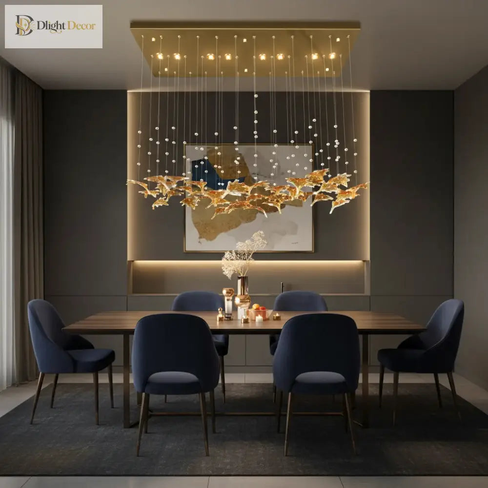 Ceiling-mounted pendant chandelier with gold glass leaf accents and multiple warm lights