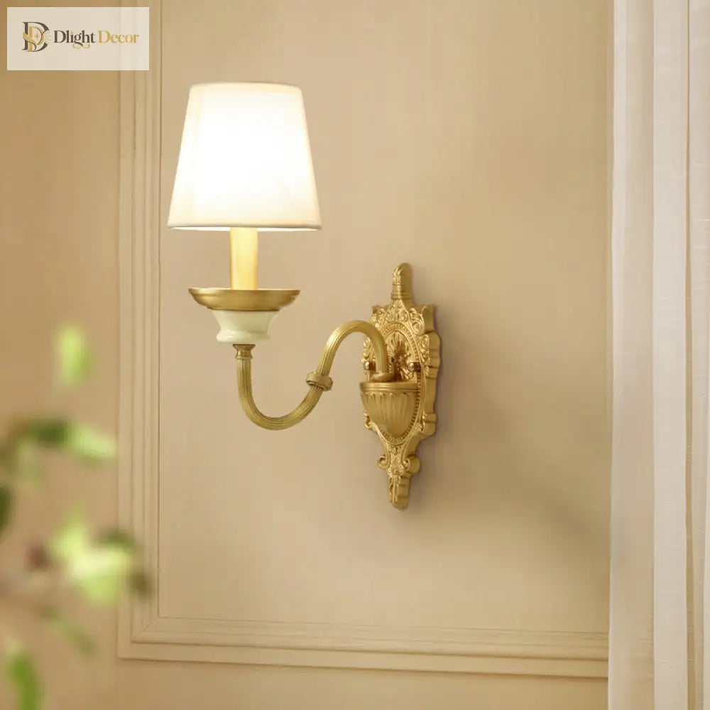 White And Brass Fabric Wall Mounted Light - Minimalist Tapered Sconce Wall Light
