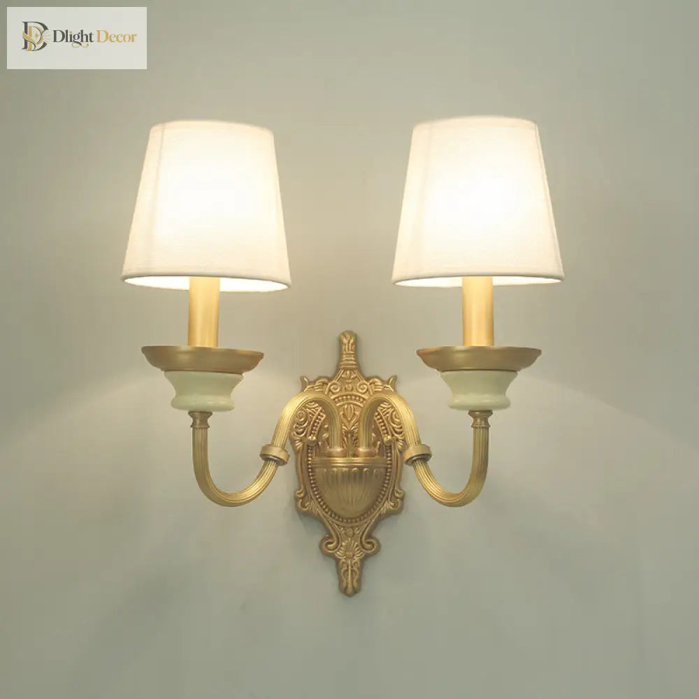 White And Brass Fabric Wall Mounted Light - Minimalist Tapered Sconce Wall Light