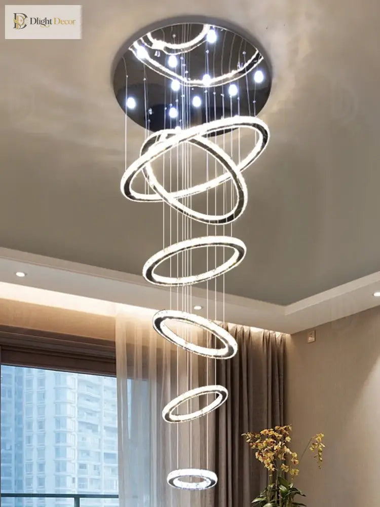 Modern Luxury Crystal Staircase Chandelier - Rings Design For Loft Villa And Lobby Indoor Lighting