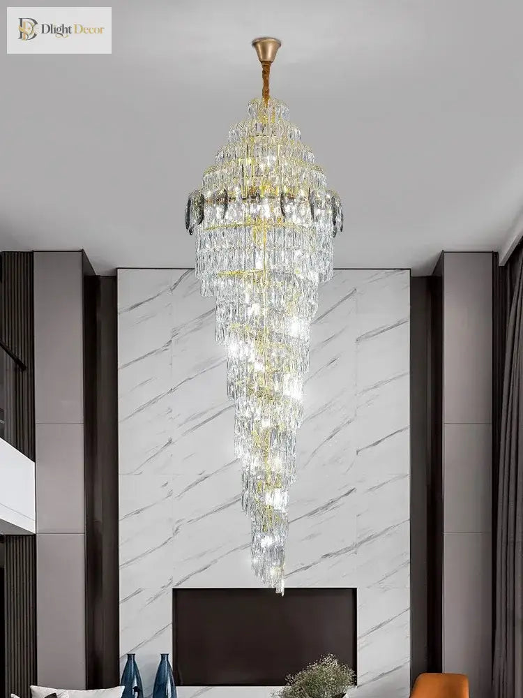 Modern Luxury Staircase Chandelier - Golden Elegance With Crystal Accents For Duplex Buildings High